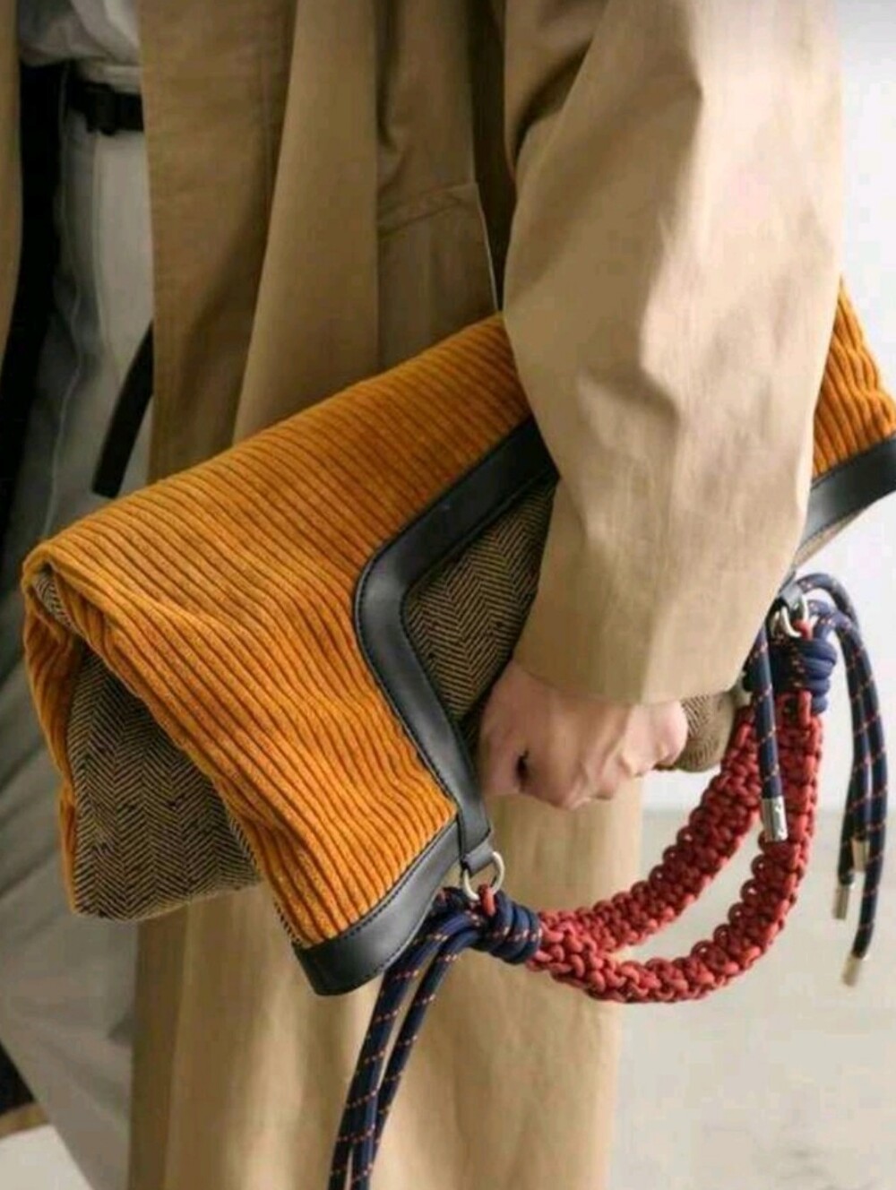 Corduroy Tote Bag with Navy Rope Strap - Mustard - Picture 4 of 5